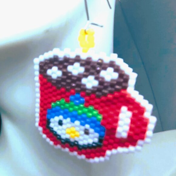 Handmade Beaded Penguin Mug Christmas Earrings - Picture 1 of 5